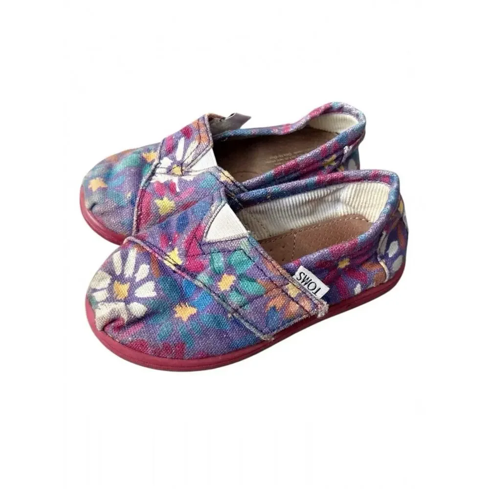 Toms Floral Canvas Slip On Shoes Size 7 T Casual Flats Purple Pink